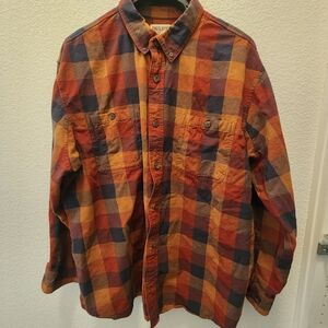 Duluth Trading Flannel Button Down Shirt Mens XXL Red Yellow Plaid Relaxed Fit